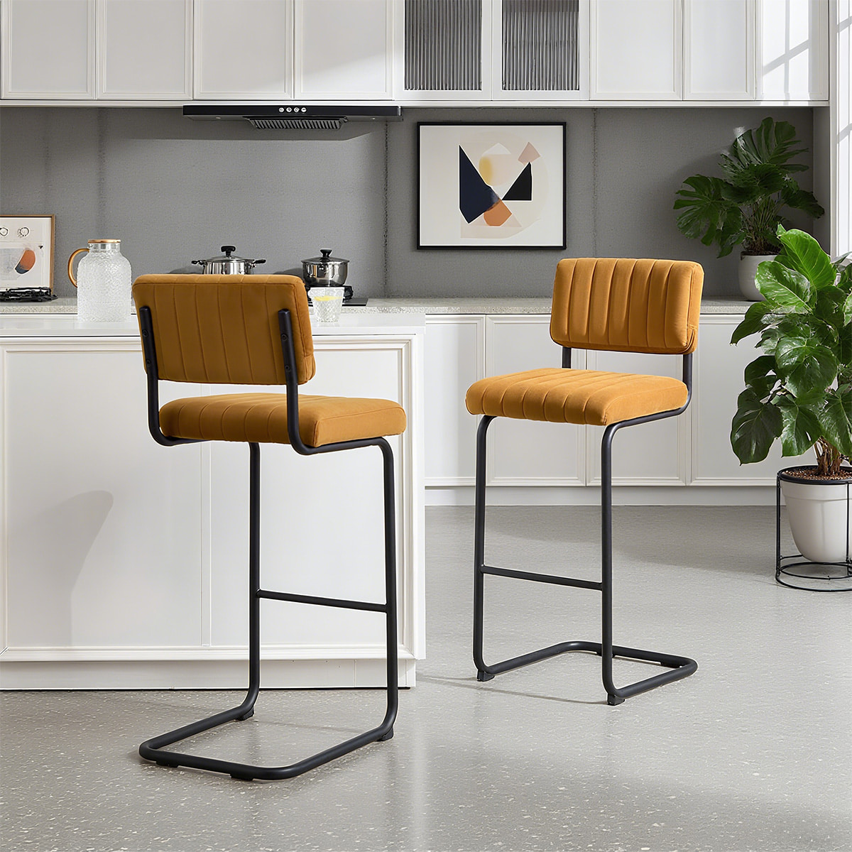 Medium-Century Moderni Velvet Cantilever Bar STABULUM - Tuffed Upholstered Sede cum Backrest & Matte Nigrum Metal Frame