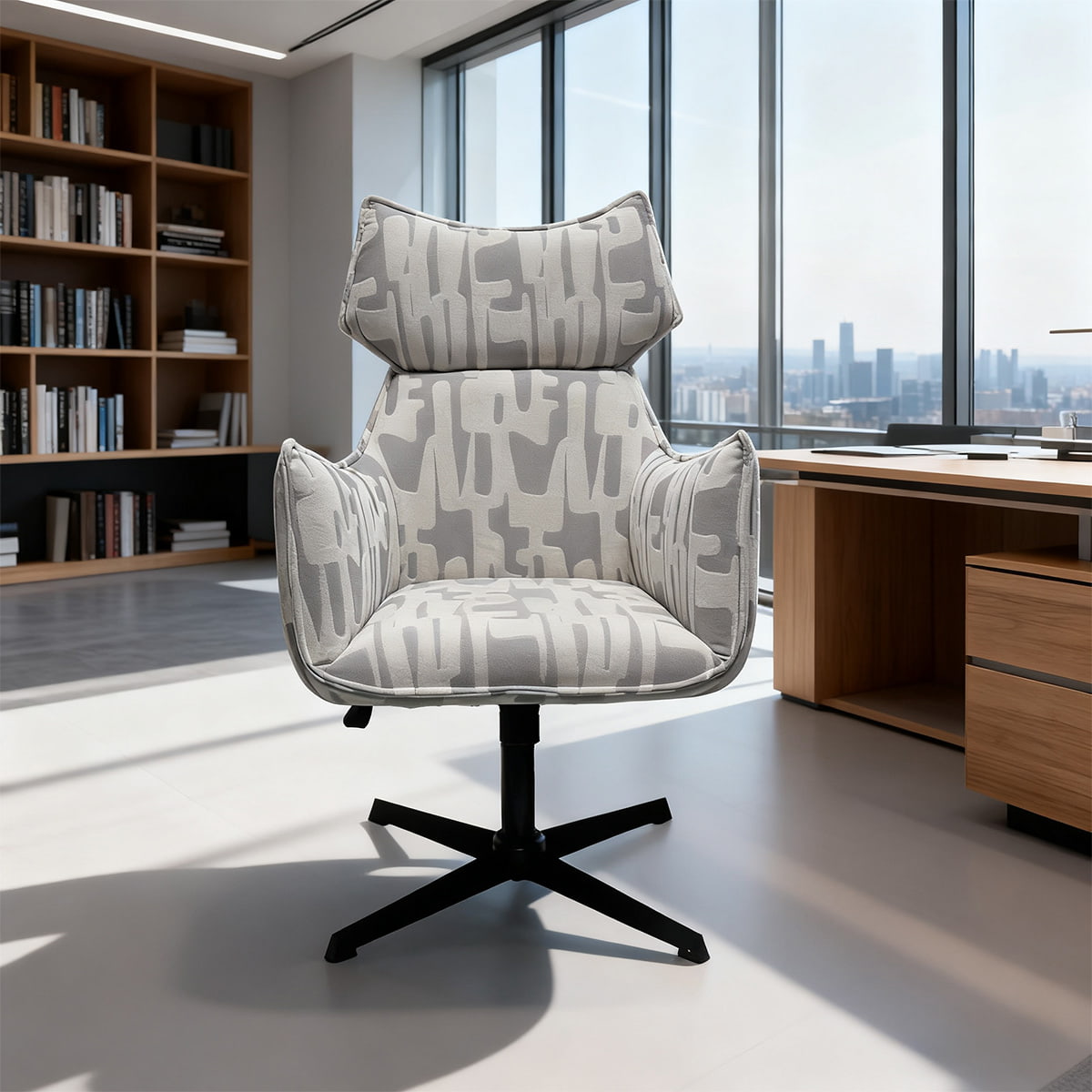 Modern Swivel Accent Armchair with Adjustable Height — Upholstered Fabric Lounge Chair with Metal base and Armrests for Living Room, Office, or Hotel