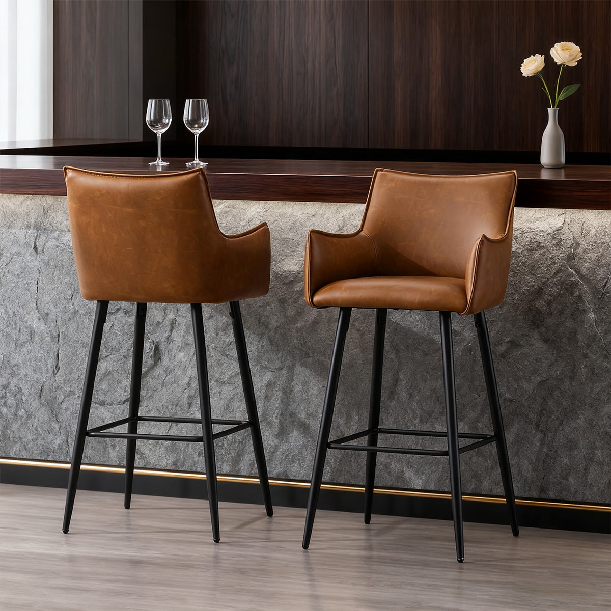 Modern Brown PU Leather Bar Stool with Armrests & Backrest — Counter Height Upholstered Bar Cathir with Black Metal legs for Kitchen Island, Bistro, or Home Bar
