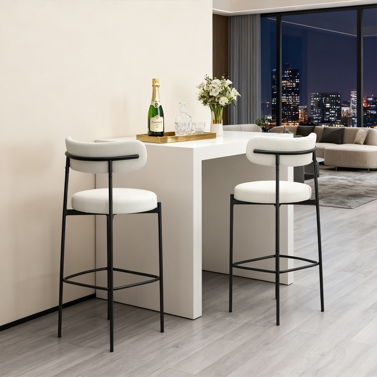 Bouclé Bar Stool modern White cum cruribus Metallis nigris — Upholstered Altitudo Rei Bar Chairs cum Backrest et Footrest pro Culina Island, Triclinio, et Domo Bar