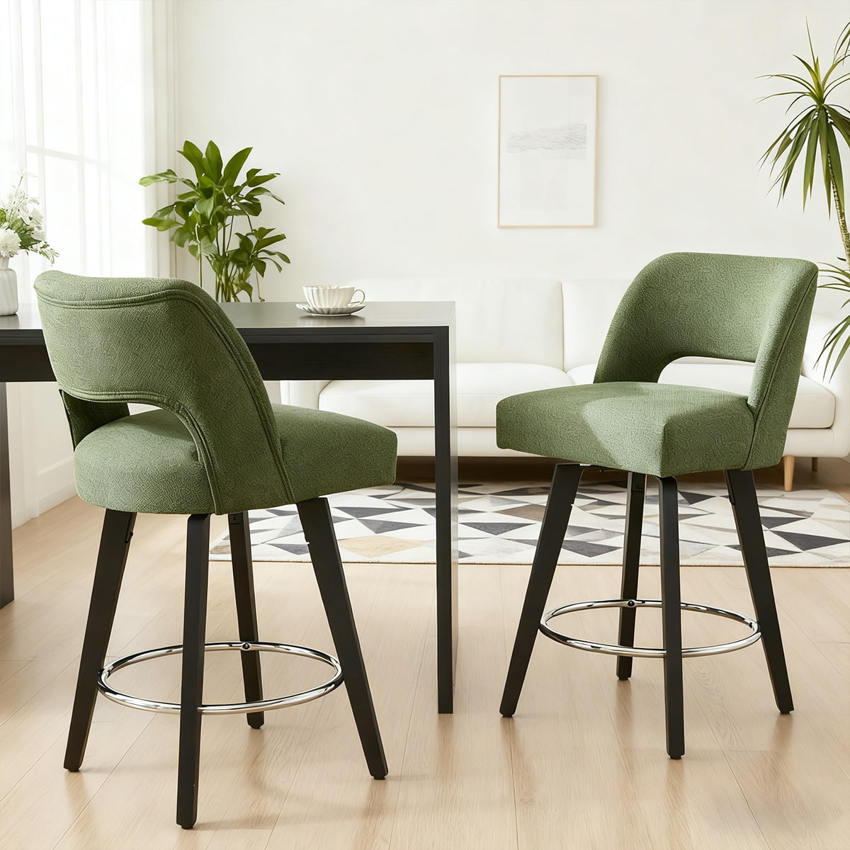 Modern Green Swivel Counter Height Bar Stool with Backrest and Metal legs